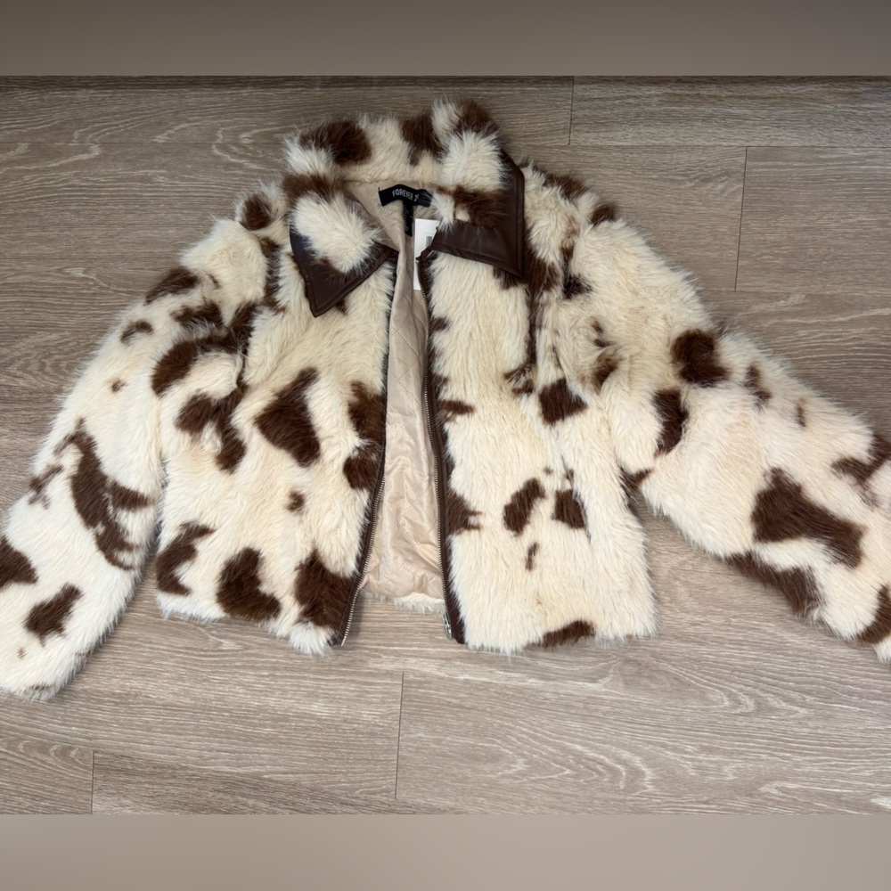 Forever 21 Faux Fur Cow Print Jacket - Cream & Brown